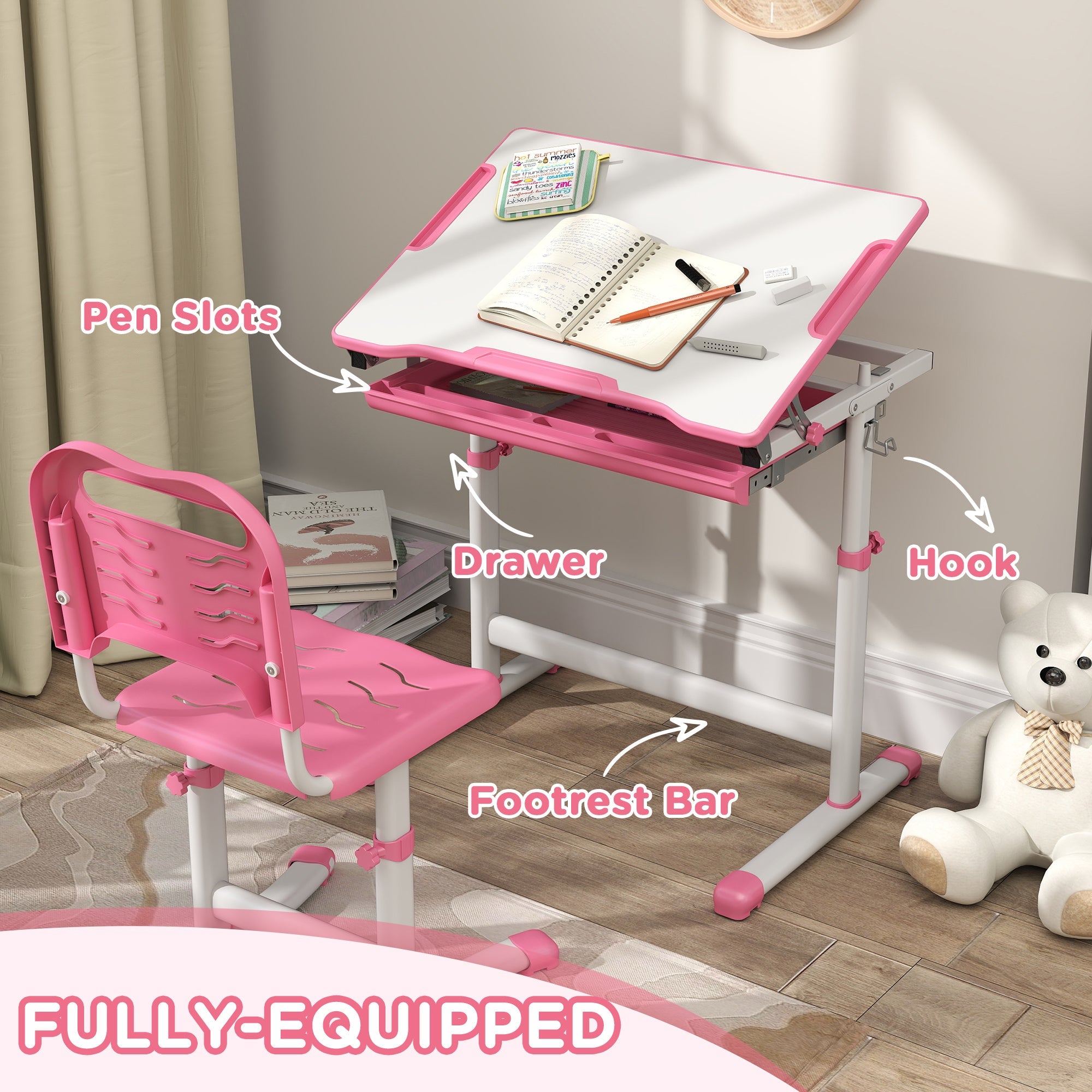 Qaba Height Adjustable Study Table and Chair Set with Drawer, Pen Slot, Tiltable Desktop, Hook, Pink 