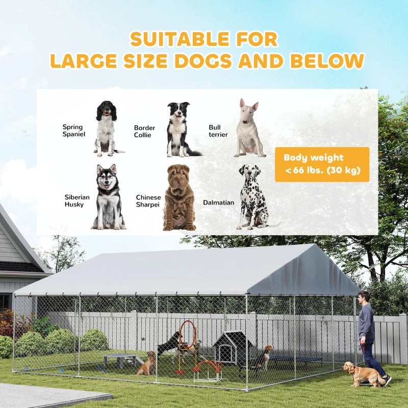 Heavy Duty Outdoor Dog Kennel with Waterproof Roof, Secure Latch, Chain Link Dog Run for Backyard, 19.7' x 19.7' x 8.9'