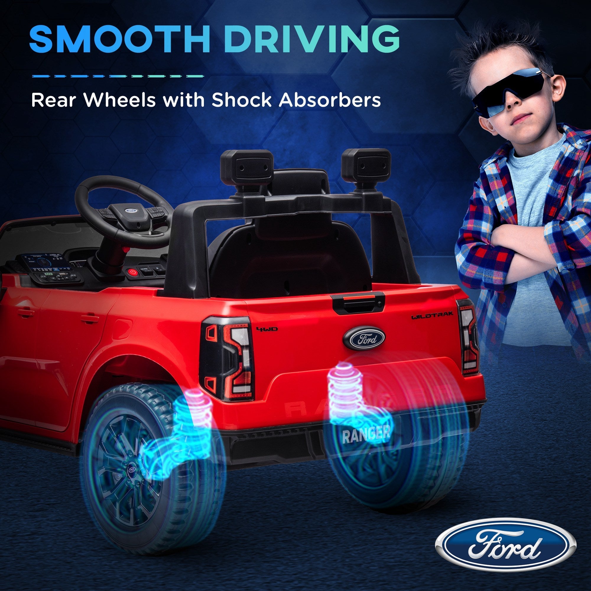 Qaba Ford Ranger Licensed 12V Ride on Car Battery Powered Kids Truck w/ Rear Storage Remote, Spring Suspension, Red 