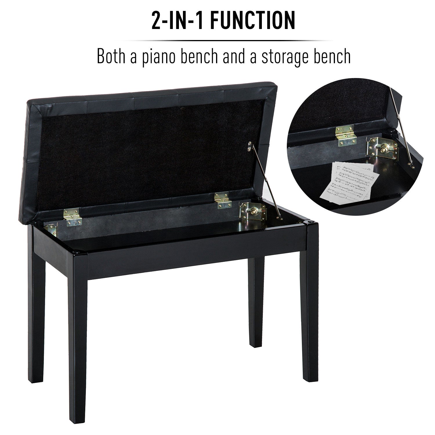 HOMCOM Padded Storage Piano Bench 30" Artist Keyboard Seat Faux Leather Black 