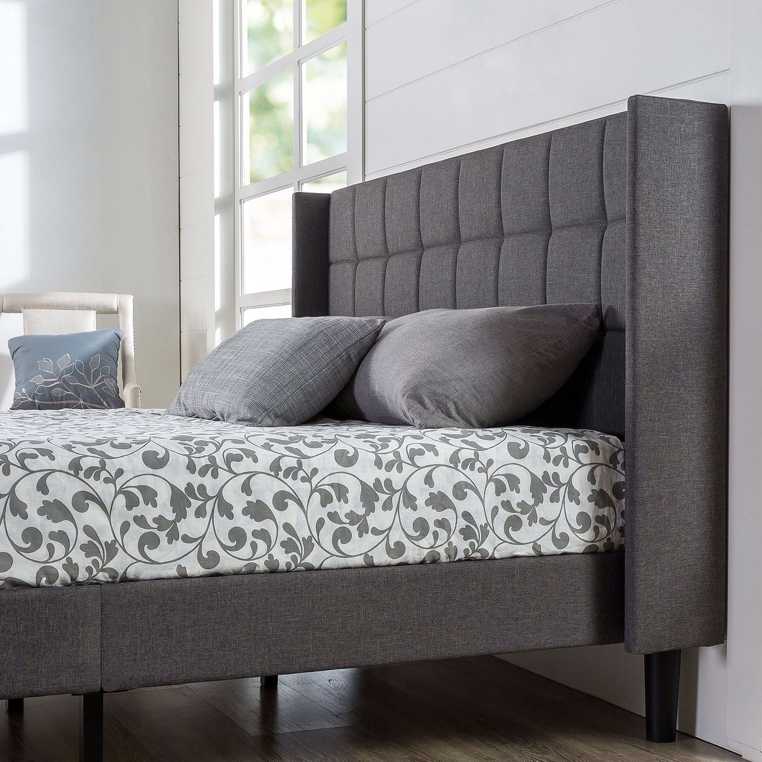 Queen size Grey Wingback Upholstered Platform Bed - Free Shipping