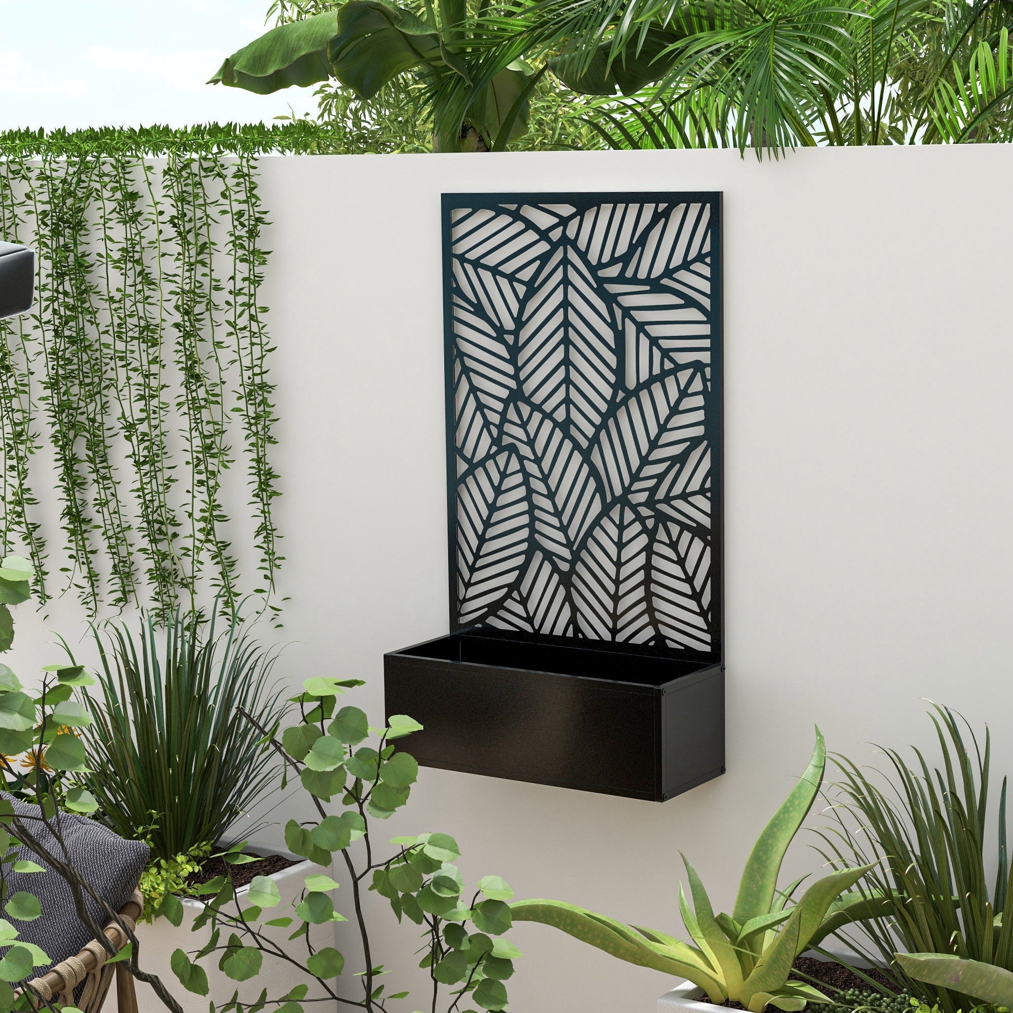 Outsunny Metal Outdoor Raised Garden Bed with Privacy Screen, Privacy Panel and Planter Box, Wall-Mounted or Freestanding, Black 