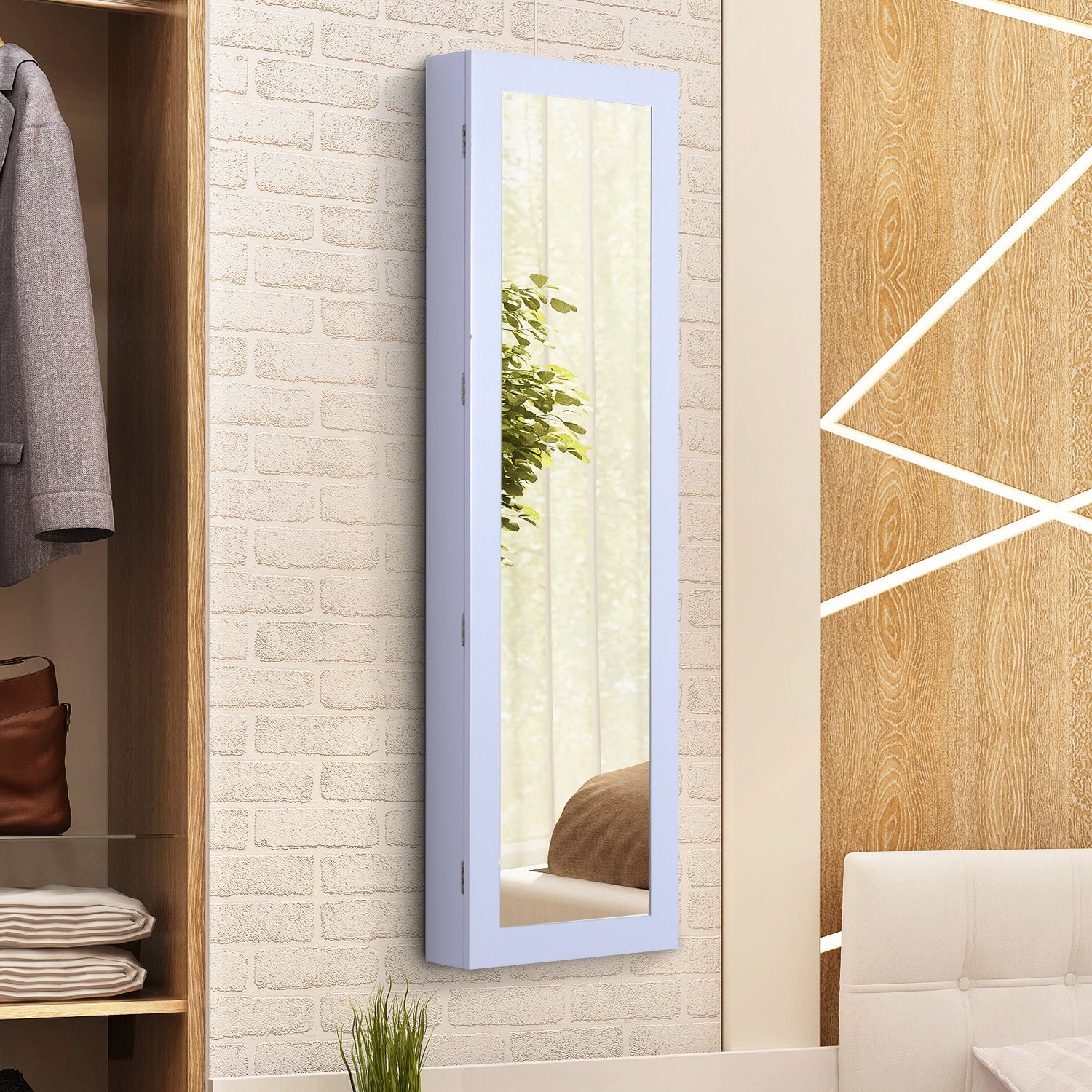 HOMCOM Wall-Mounted Jewelry Armoire: With Full-Length Mirror Storage Organizer, White 