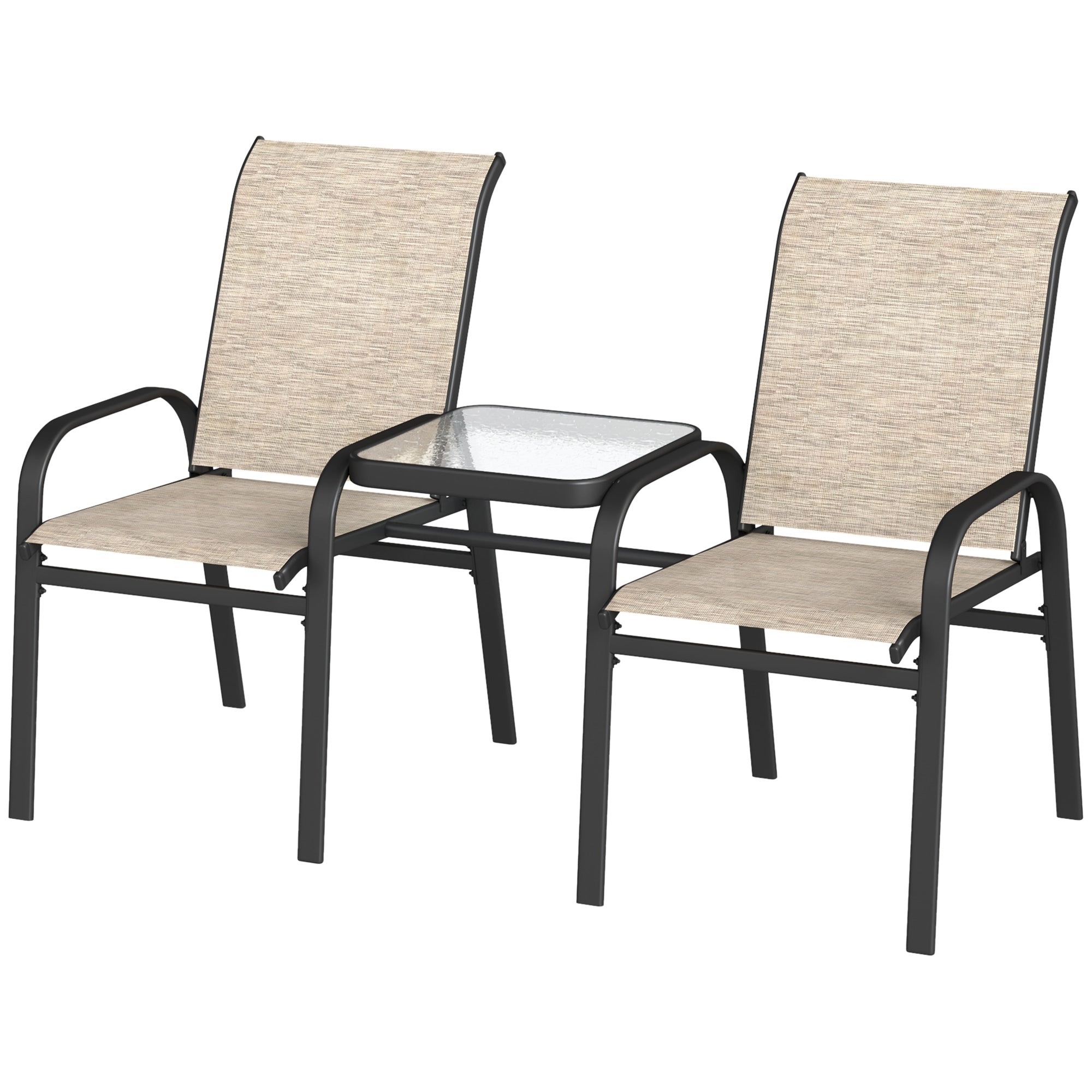 Outsunny Outdoor Loveseat with Glass Table, Garden Patio Bench with Breathable Mesh Seat, High Back, Armrests, Brown 