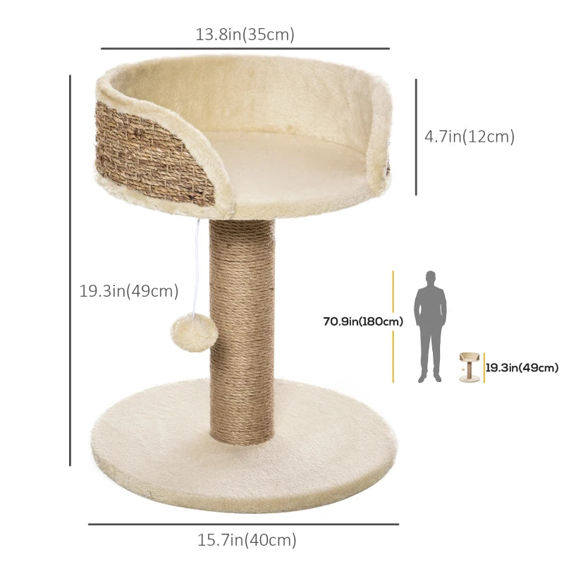 Cat Tree with Scratching Post, Toy Ball, Perch, Small Cat Tower for Indoor Cats - 16" x 16" x 19", Beige
