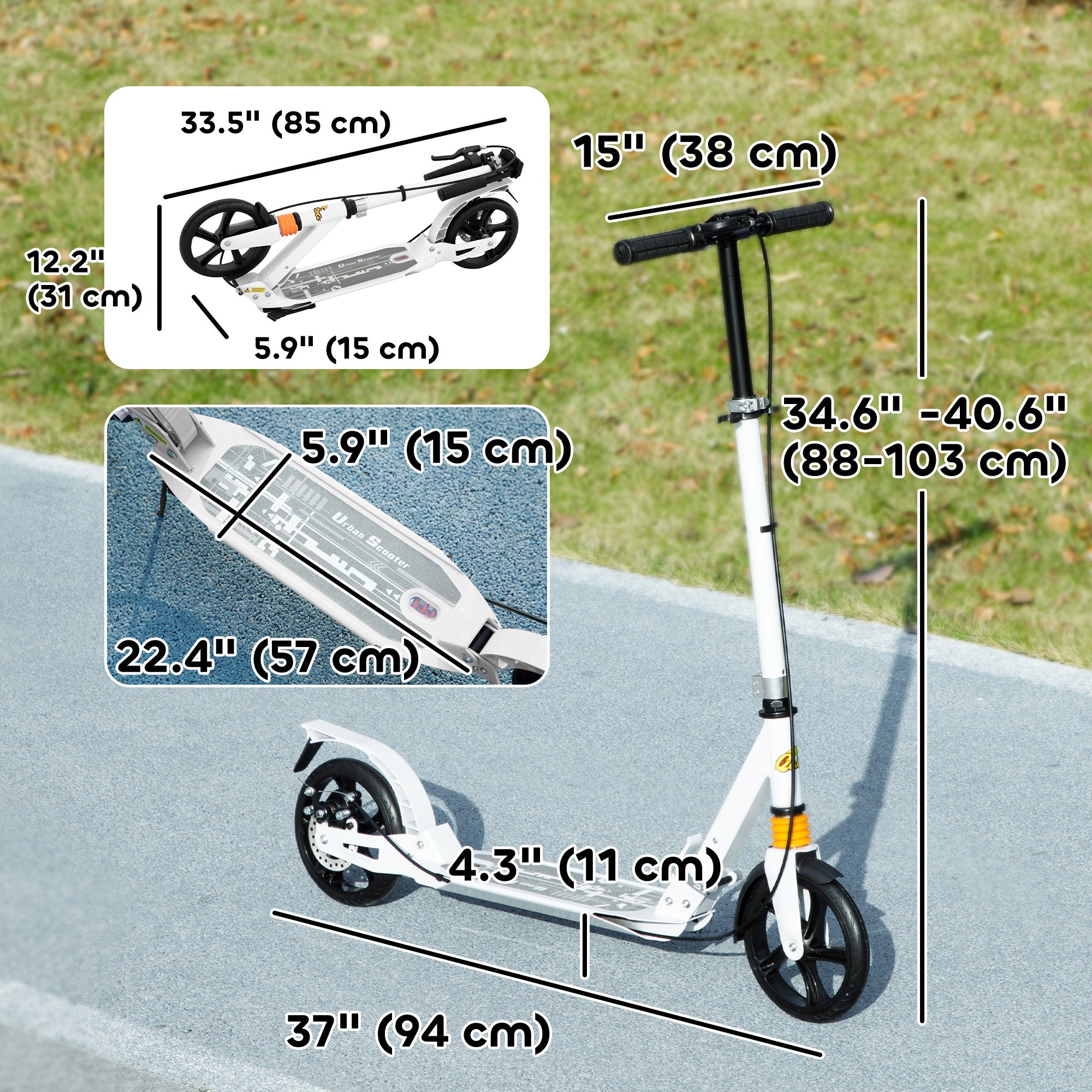 Qaba Foldable Kids Scooter with 4 Adjustable Height, Double Brake, Shock Absorption for Ages 6-12, White 