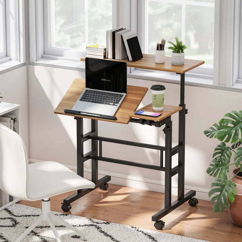 Mobile Stand Up Desk, Height & Angle Adjustable Computer Desk with Wheels for Standing or Sitting, Laptop Desk, Brown