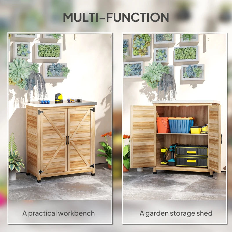 Garden Storage Cabinet, Outdoor Potting Bench Table with Metal Tabletop, Shelf and Double Doors, Natural
