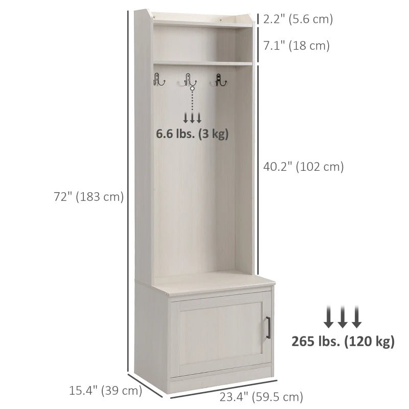 Modern Hall Tree with Shoe Storage Bench, Coat Rack and Shelves, White