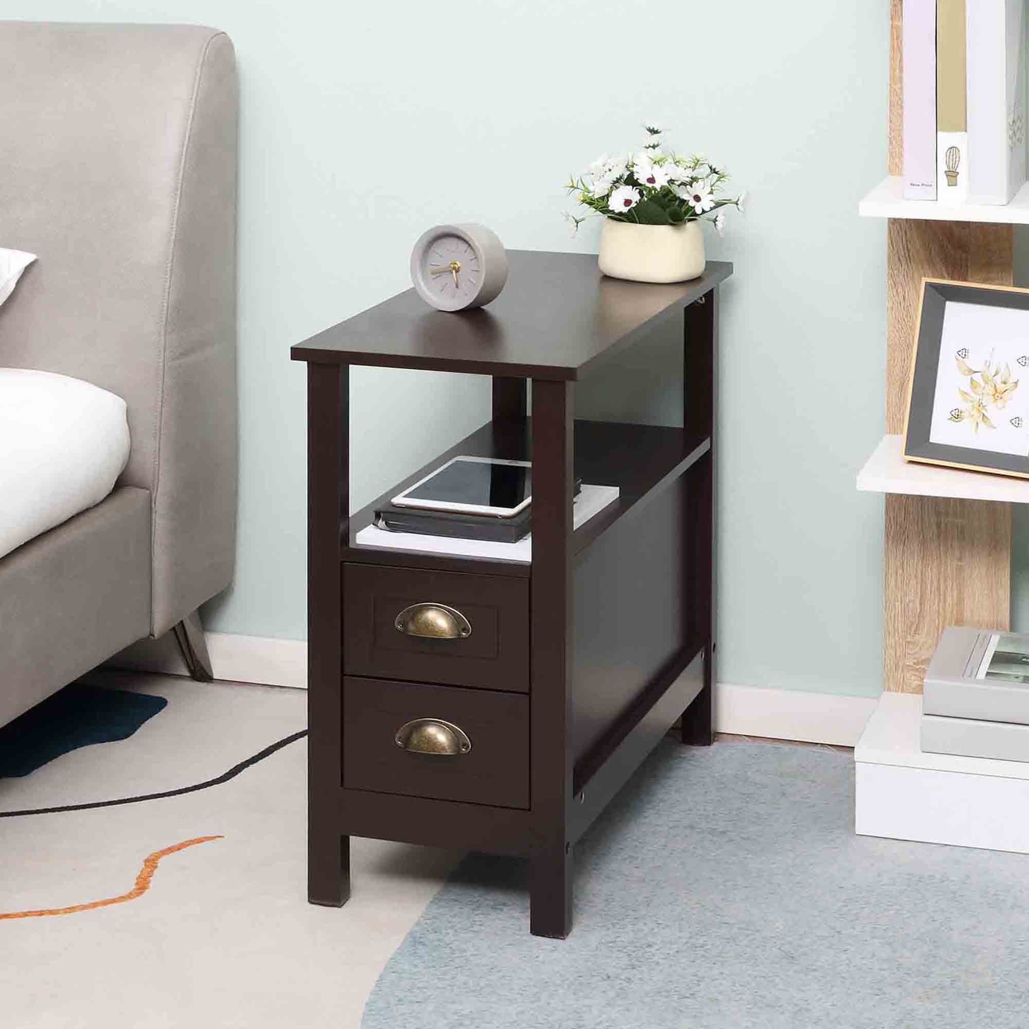 HOMCOM Slim Side Table: Narrow End Table with 2 Drawers and Storage Shelf, Sofa Side Table for Living Room, Compact Nightstand 