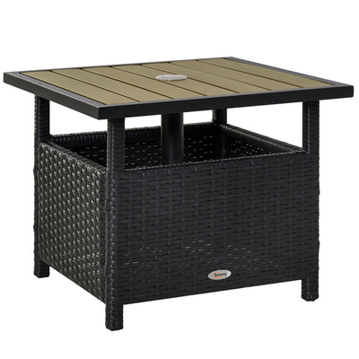 Outsunny 22" Square Steel PE Rattan Wicker Table With Umbrella Hole Patio Dining Side Table Used as Umbrella Stand Black 