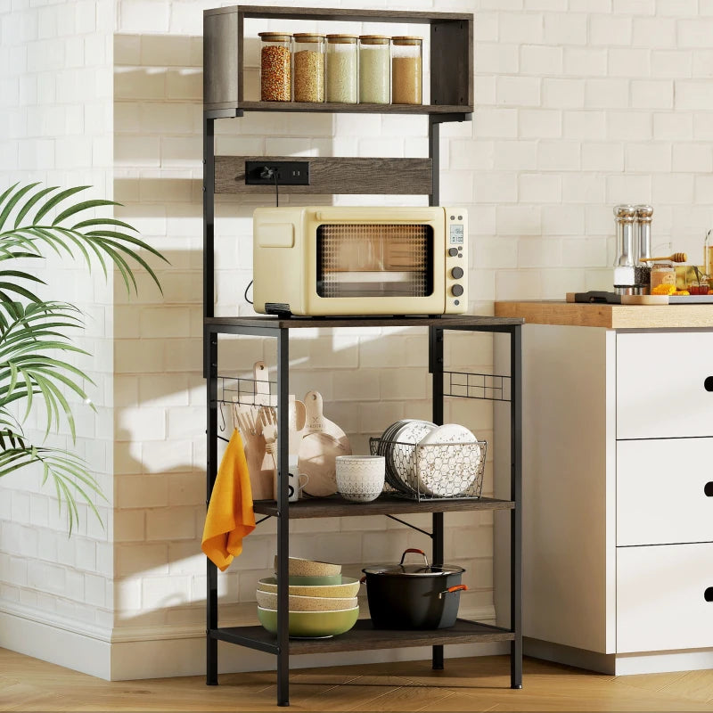 Baker's Rack with Charing Station, Microwave Shelf with Power Outlet, USB Charger and 5 Hooks, Distressed Grey