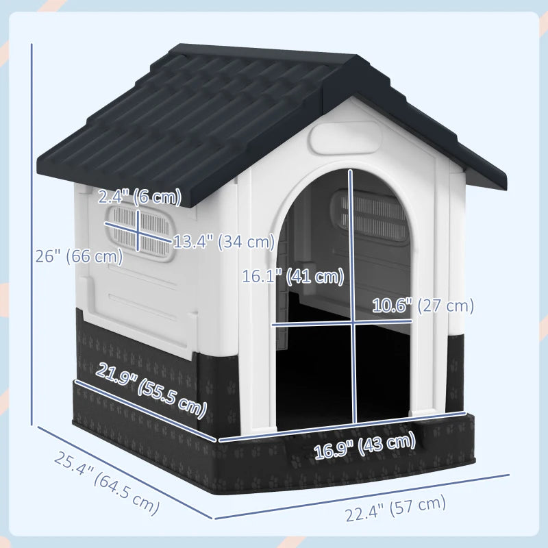 Outside Dog Kennel House with Windows, Base Support, for Garden Patio, Miniature Dogs, 64.5 x 57 x 66cm, Dark Grey