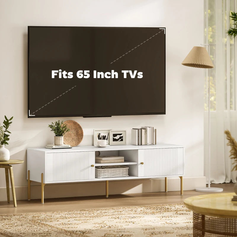 TV Stand for TVs up to 65", Entertainment Center with 2 Open Shelves, 2 Cabinets and Steel Legs for Living Room, White