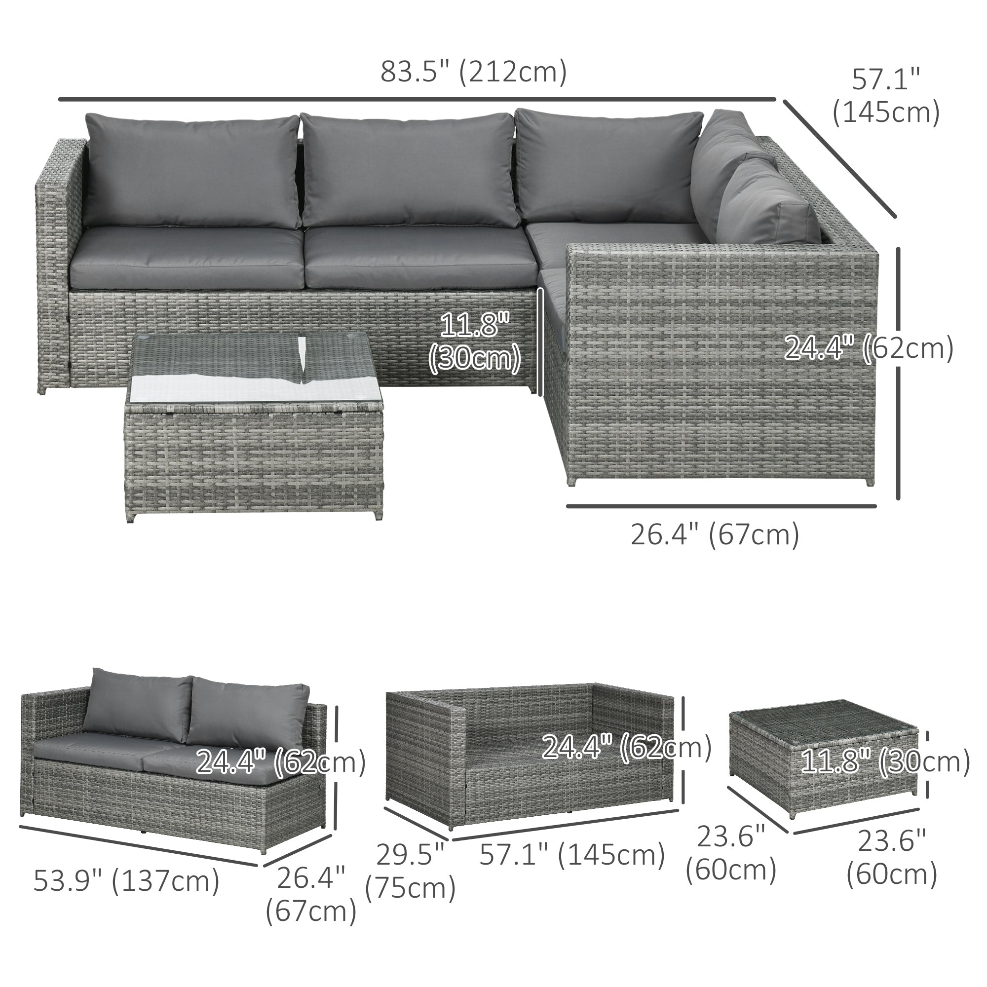 Outsunny 3-Piece Rattan Wicker Patio Set, Grey Cushioned Outdoor Conversation Furniture with Loveseats, Coffee Table 