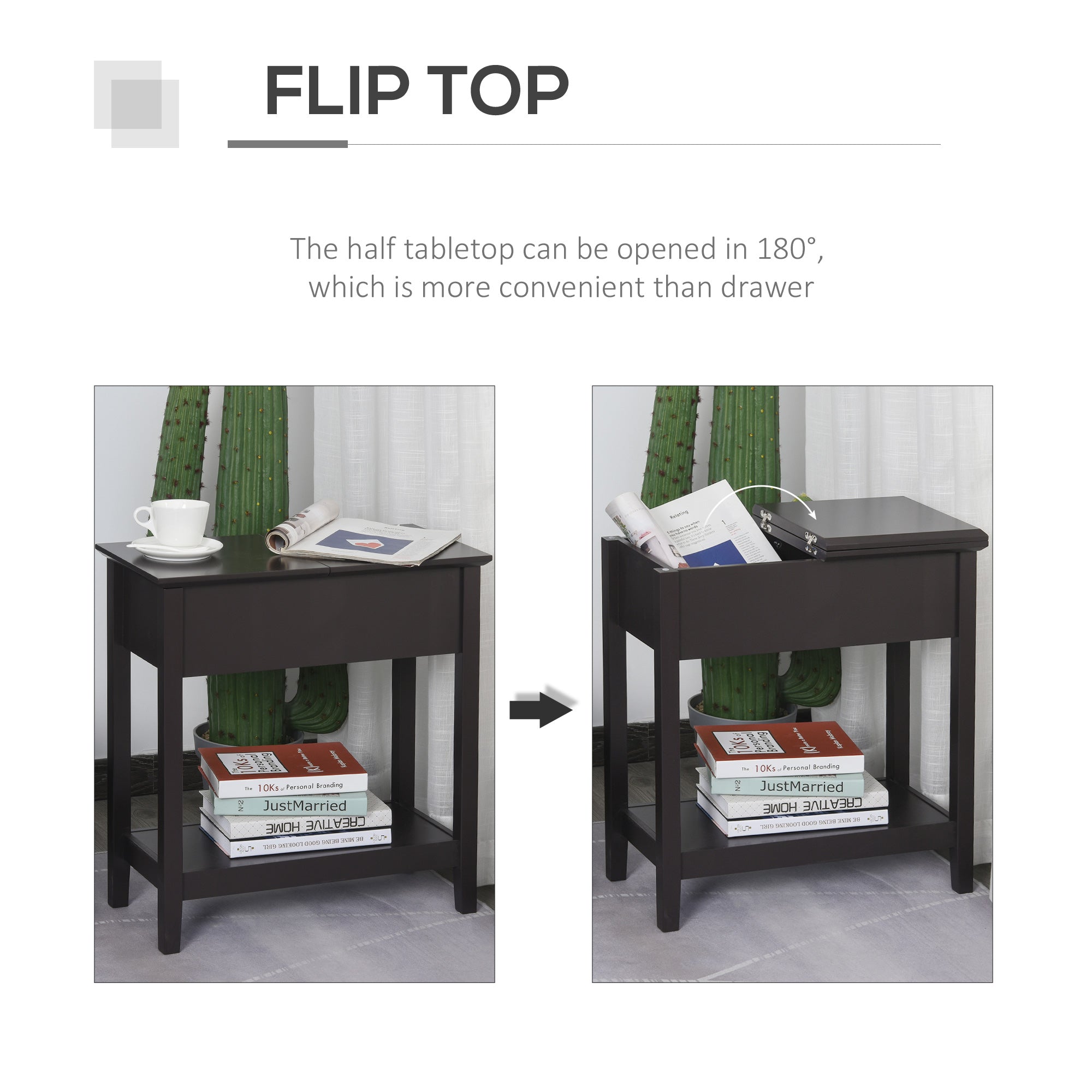 HOMCOM Flip-Top Side Table: Narrow End Table with Storage Shelf, Space-Saving Furniture for Living Room, Bedroom, Rich Dark Coffee 