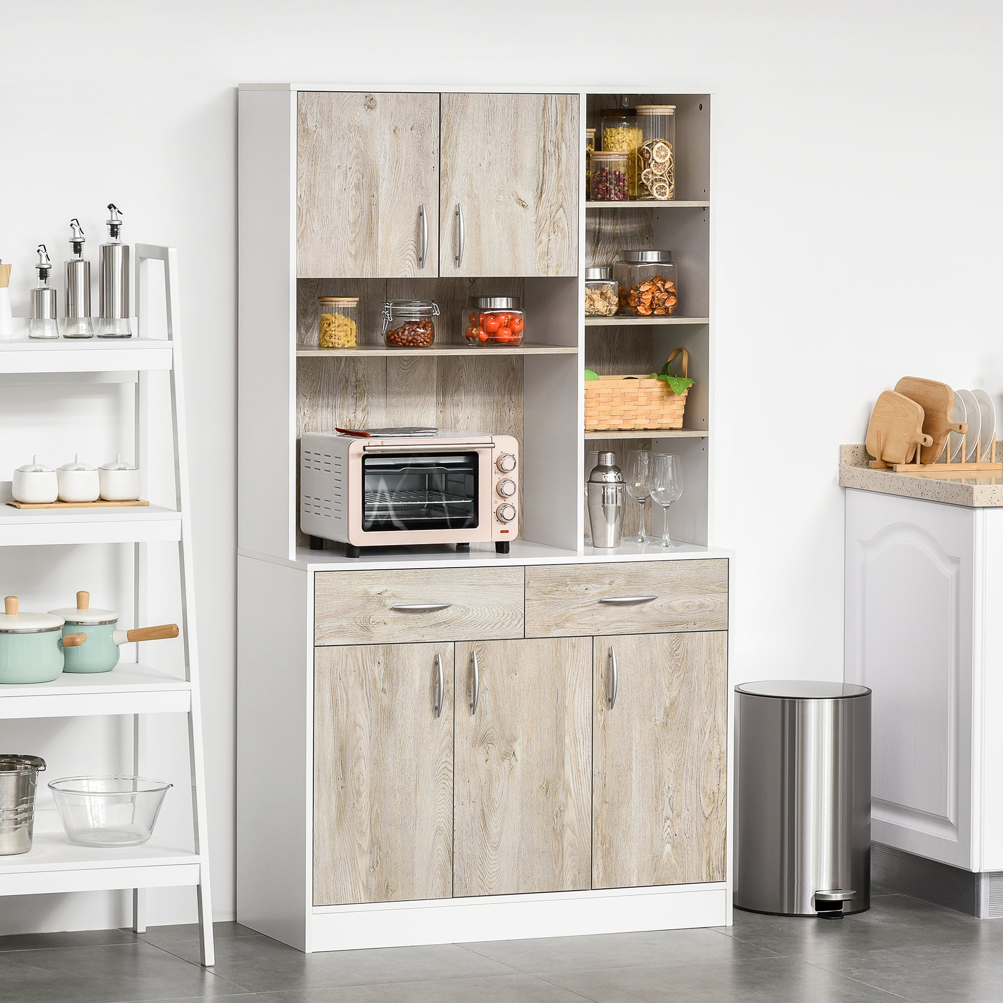 HOMCOM Natural 71" Kitchen Hutch Cabinet: Modern Buffet with Storage Cabinet, Cupboard and Drawers for Living Dining Room 