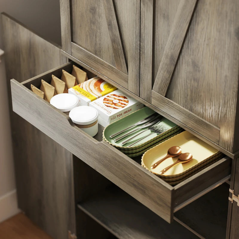 72" Kitchen Pantry Cabinet, Farmhouse Storage Cabinet with 4 Doors, Drawer, 8 Door Shelves and Adjustable Shelf, Grey