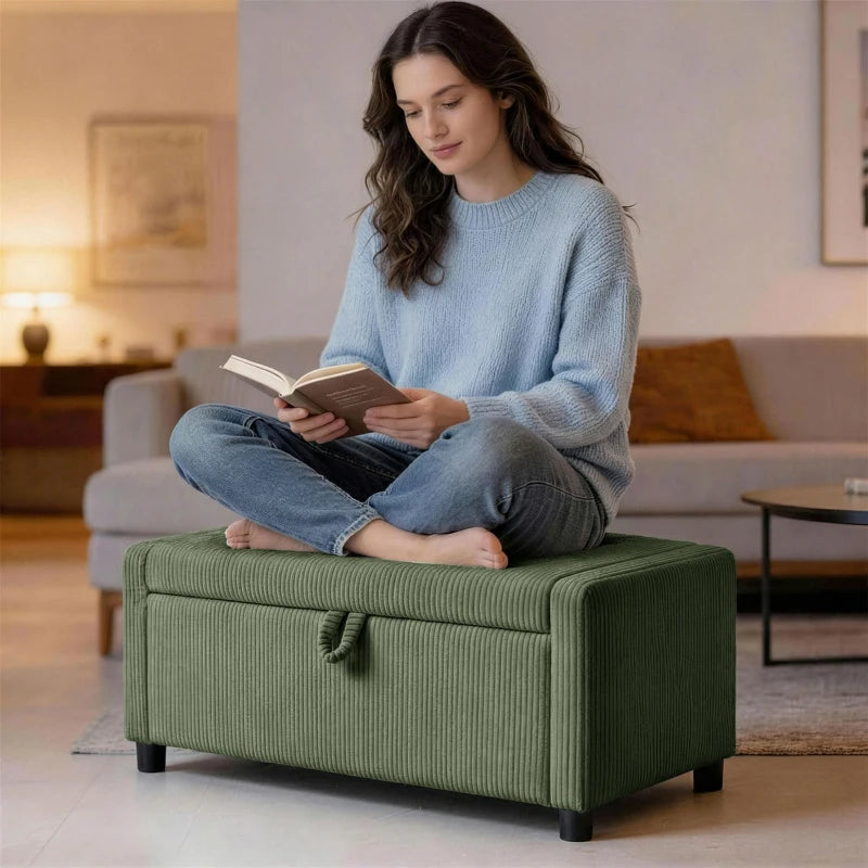 Storage Ottoman, Upholstered Corduroy End of Bed Bench with Thick Padding, Storage Bench for Bedroom, Dark Green