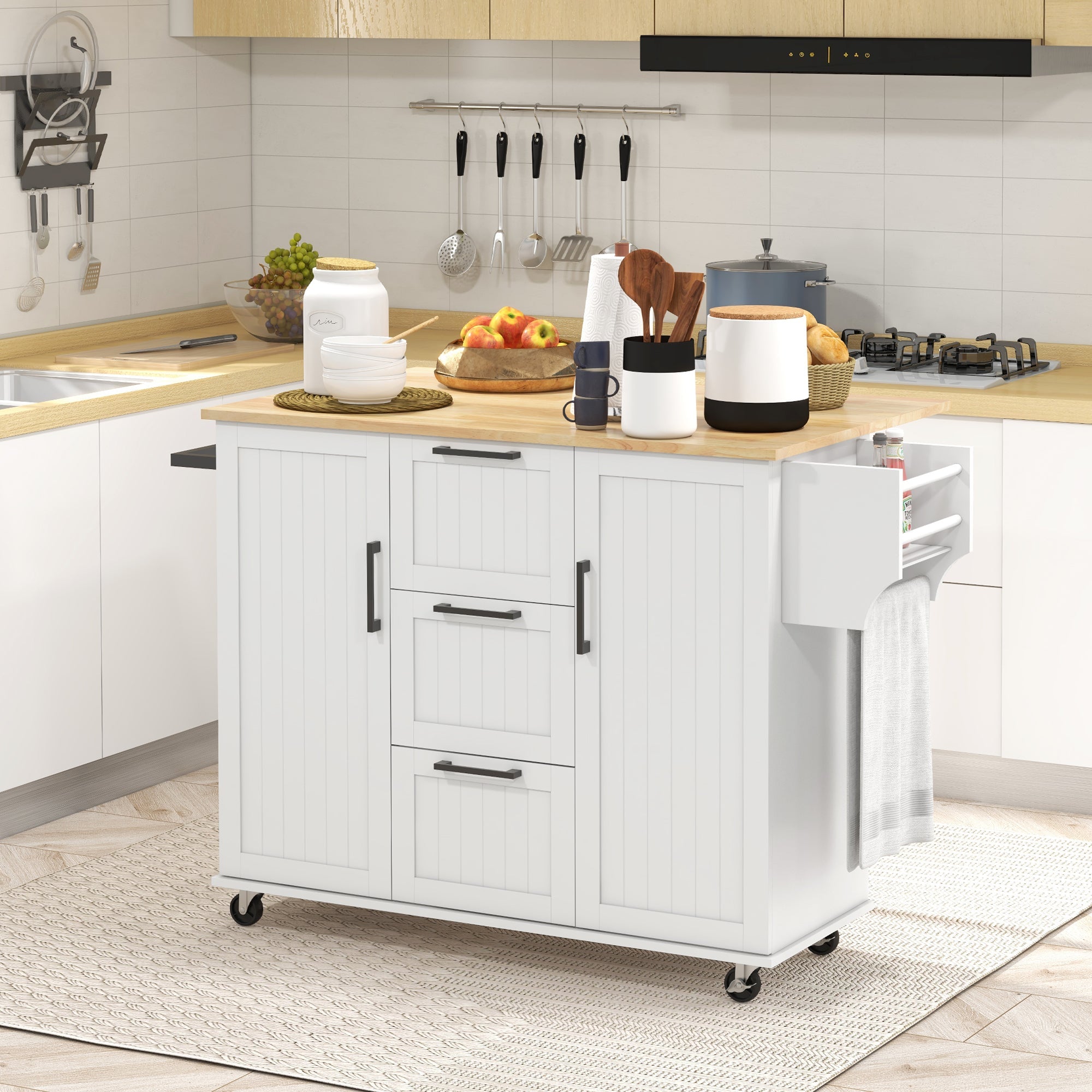 HOMCOM Kitchen Island Cart: On Wheels, Drop Leaf, 3 Drawers, Cabinets, Natural Wood Top, White 
