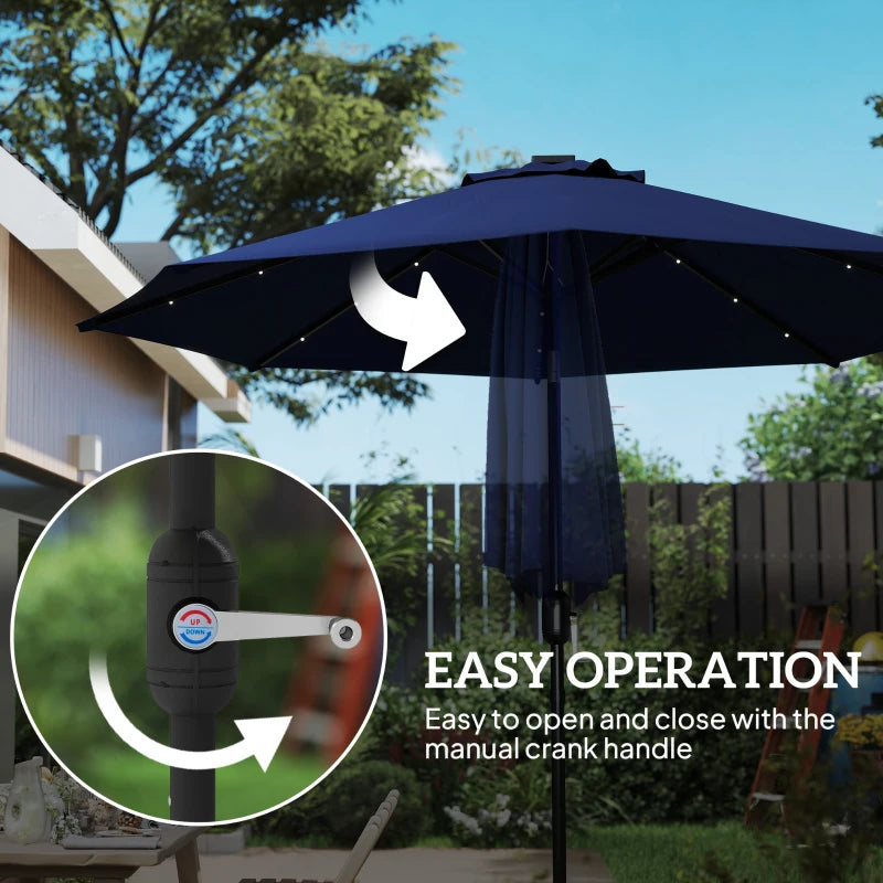 9ft Solar Patio Umbrella Outdoor Sunshade 24 LED Lights Tilt Canopy Navy Blue