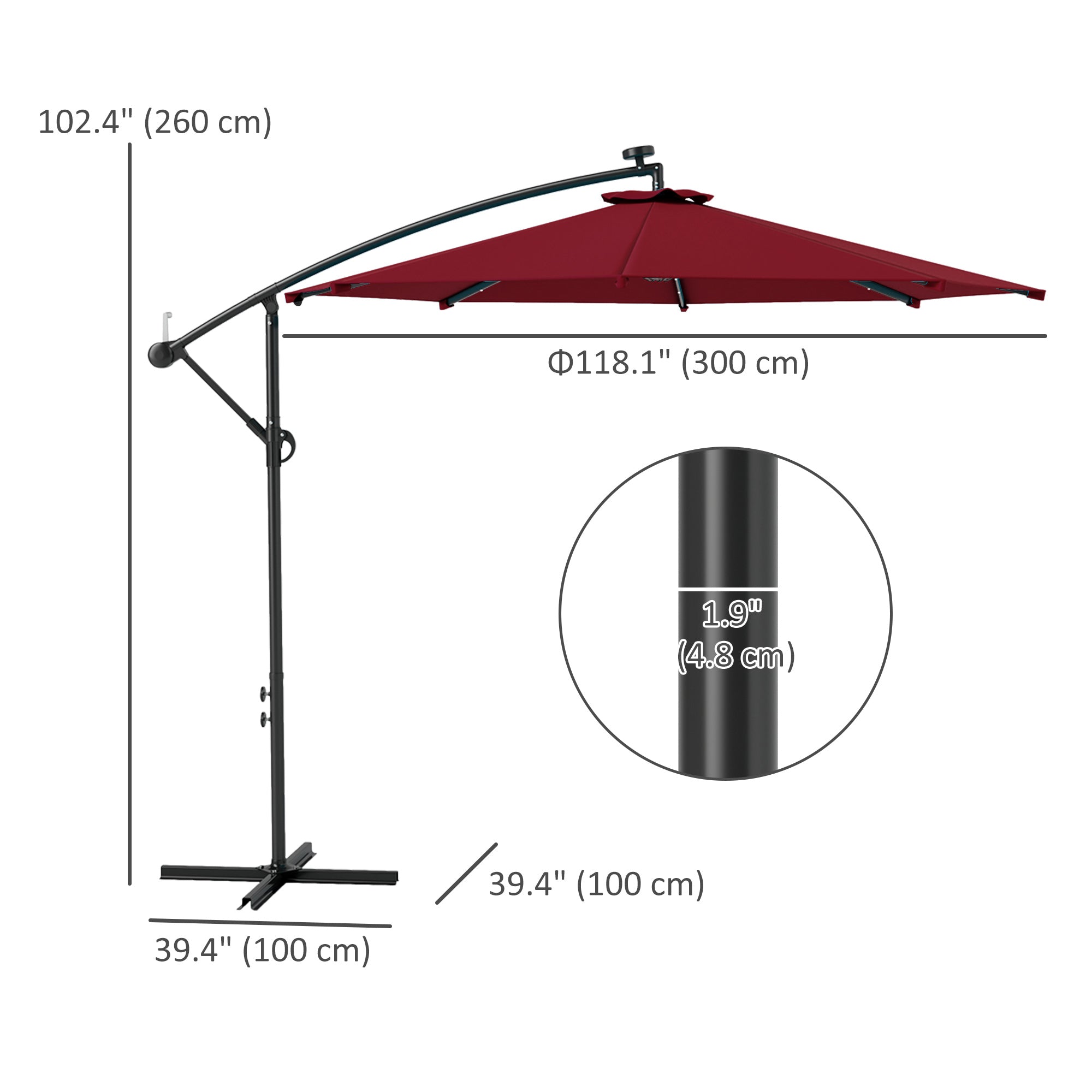 Outsunny 10ft Outdoor Cantilever Umbrella Banana Umbrella with Solar Lights and Adjustable Angle for Patio Backyard Wine Red 