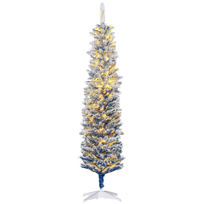 HOMCOM 6ft Blue Snow Flocked Pencil Christmas Tree, Pre-Lit Artificial Tree with Snowy Branches 