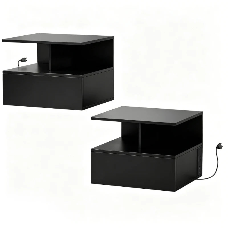 HOMCOM Floating Nightstand Set of 2 with Charging Station, Wall Mounted Bedside Tables with Drawer, Open Shelf, AC Outlet, USB & USB-C Ports, White or Black