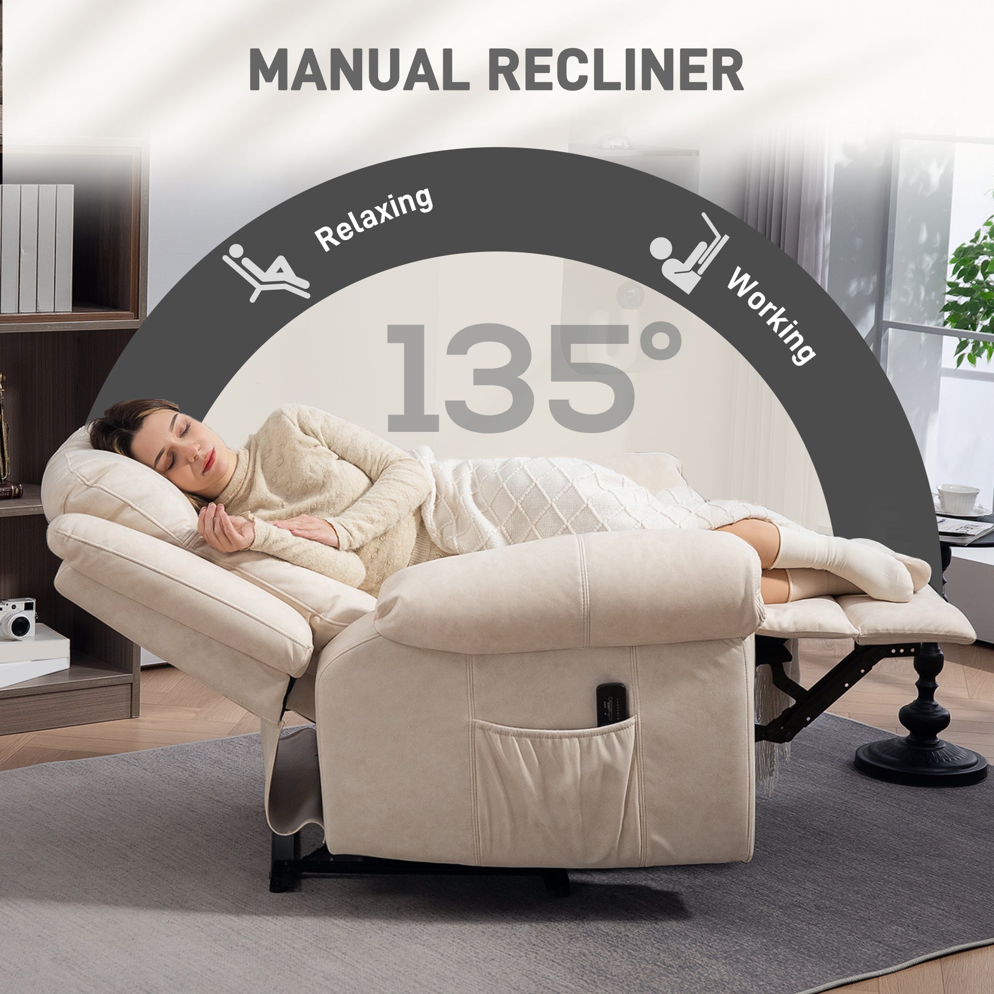 HOMCOM Manual Recliner Chair with Vibration Massage, Side Pockets, Microfibre Reclining Chair for Living Room, Cream White 