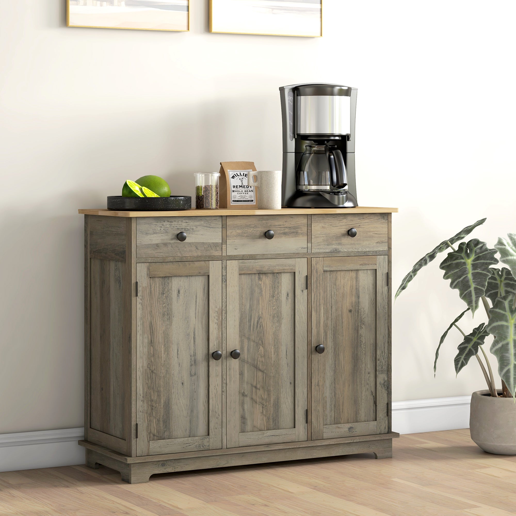 HOMCOM Modern Sideboard, Buffet Cabinet with Storage Cabinets, Drawers and Adjustable Shelves for Living Room, Washed Grey 