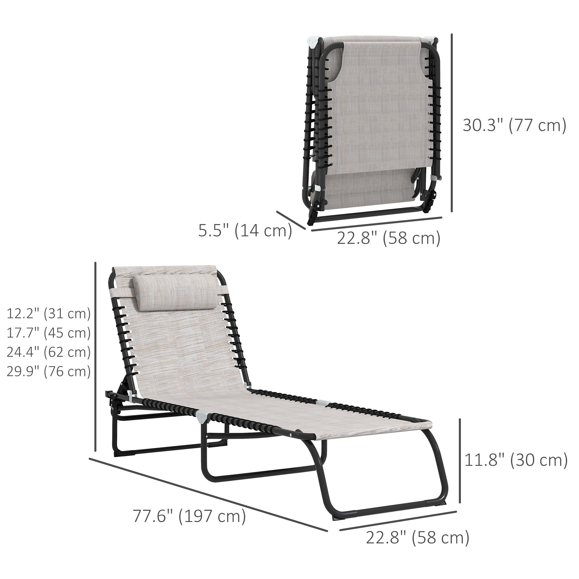 Outsunny 2 PCs Folding Lounge Chairs, Adjustable Chaise Lounges with Headrest for Camping, Hiking, Cream White 