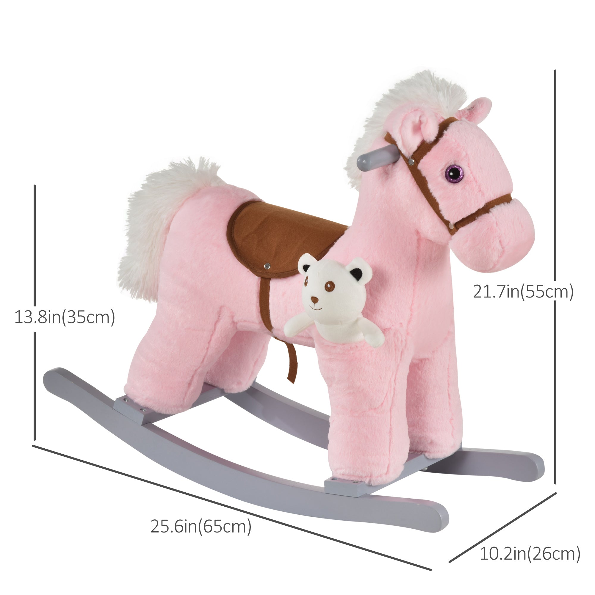 Qaba Kids Plush Ride-On Rocking Horse with Bear Toy, Children Chair with Soft Plush Toy & Fun Realistic Sounds, Pink 