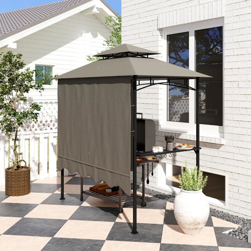 8' x 7.6' Grill Gazebo, Double Tiered Barbecue Grill Gazebo Shelter w/ Side Awning, 2 Side Shelves, 6 Hooks, Light Grey