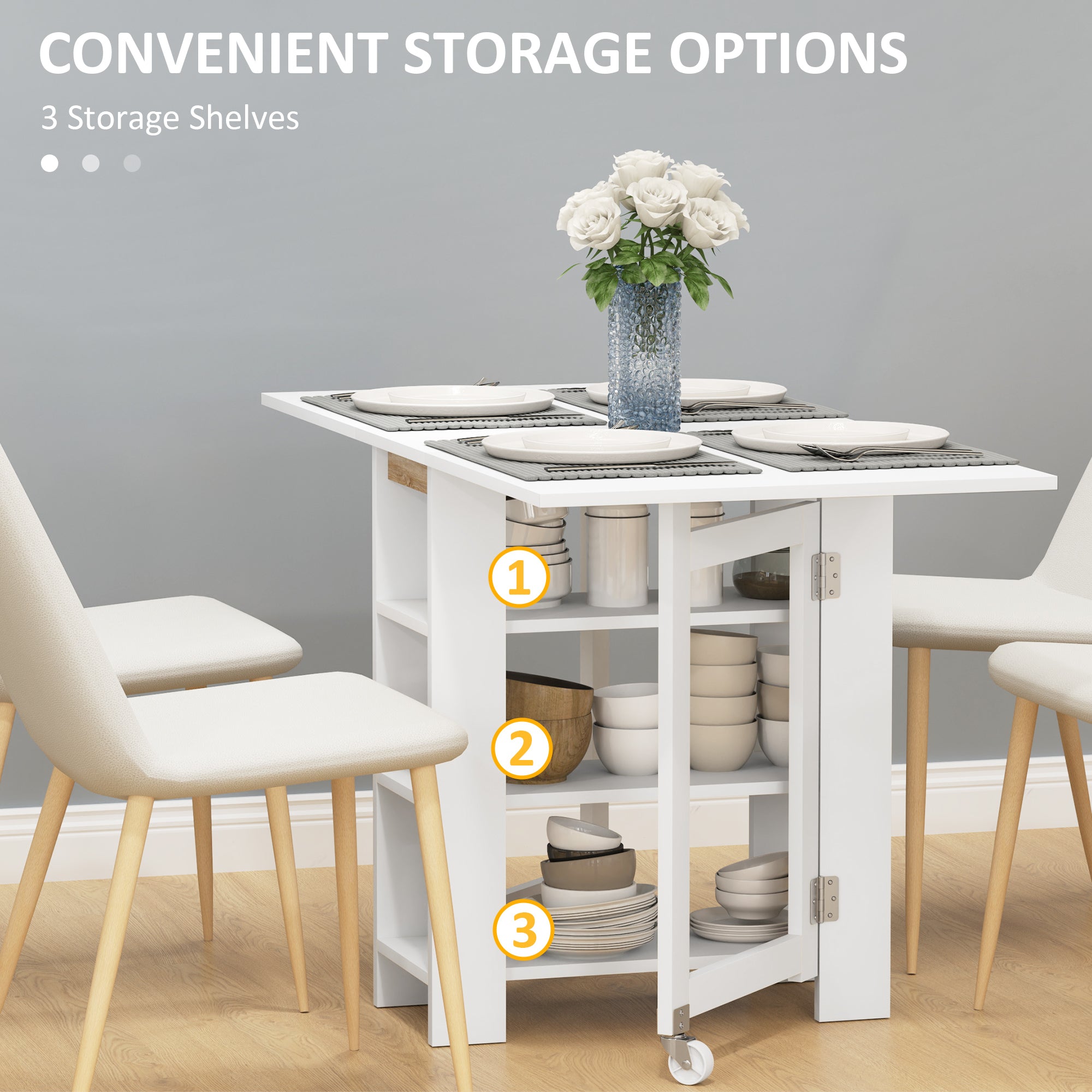 HOMCOM Folding Kitchen Table with Storage Drop Leaf Design Space Saving Small Spaces White Compact Versatile Functional 