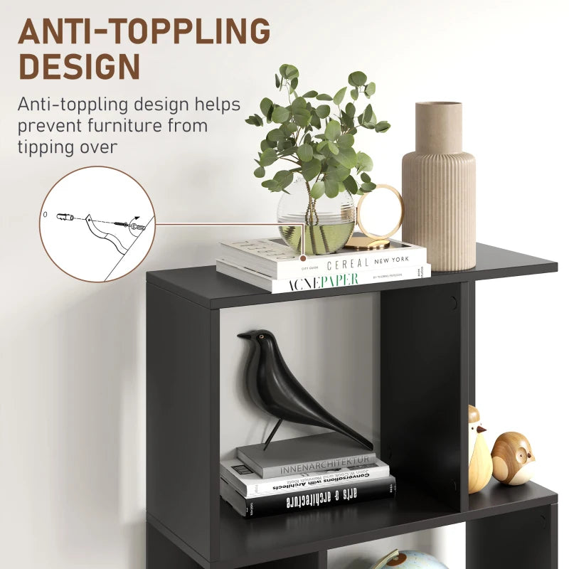 5-Tier Geometric Bookshelf, S Shaped Bookcase, Modern Freestanding Display Shelf Unit for Home Office, Black