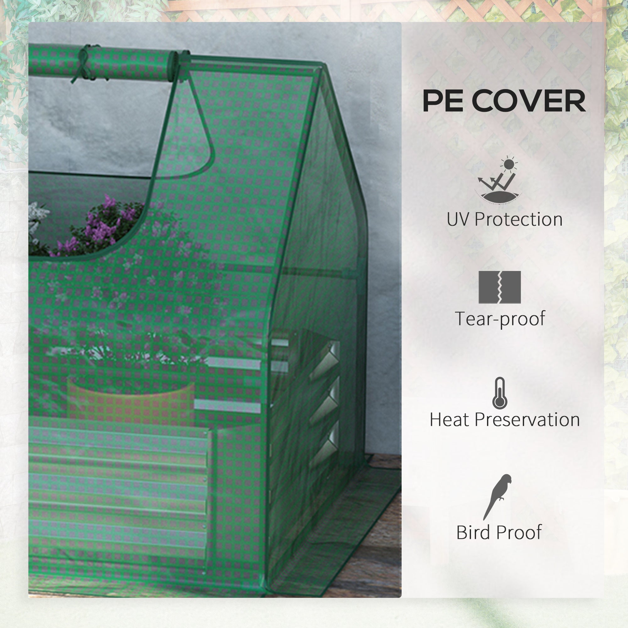 Outsunny Greenhouse with Raised Planter: Steel Garden Bed, Plastic Cover, Roll-Up Window, Green 