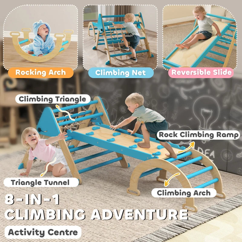 Qaba 8-in-1 Pikler Triangle Set, Foldable Wooden Climbing Toys with Arch, Ramp and Ladder for Ages 18-48 Mouths, Blue