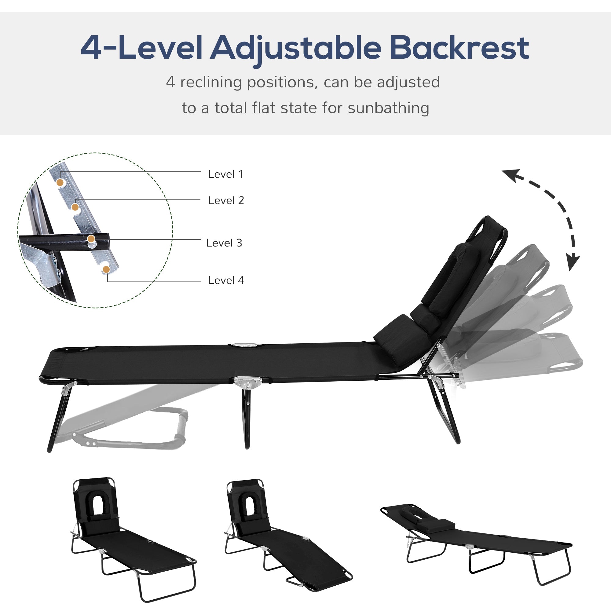 Outsunny Sunbathing Sanctuary: Sun Lounger with Reading Hole, Adjustable Garden Outdoor Reclining Chair, Folding Camping Bed, Black 