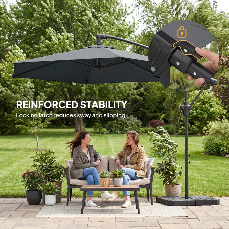 9.7 ft Offset Patio Umbrella with Water/Sand Fillable Weights, Garden Hanging Parasol with Locking Latch, Dark Grey