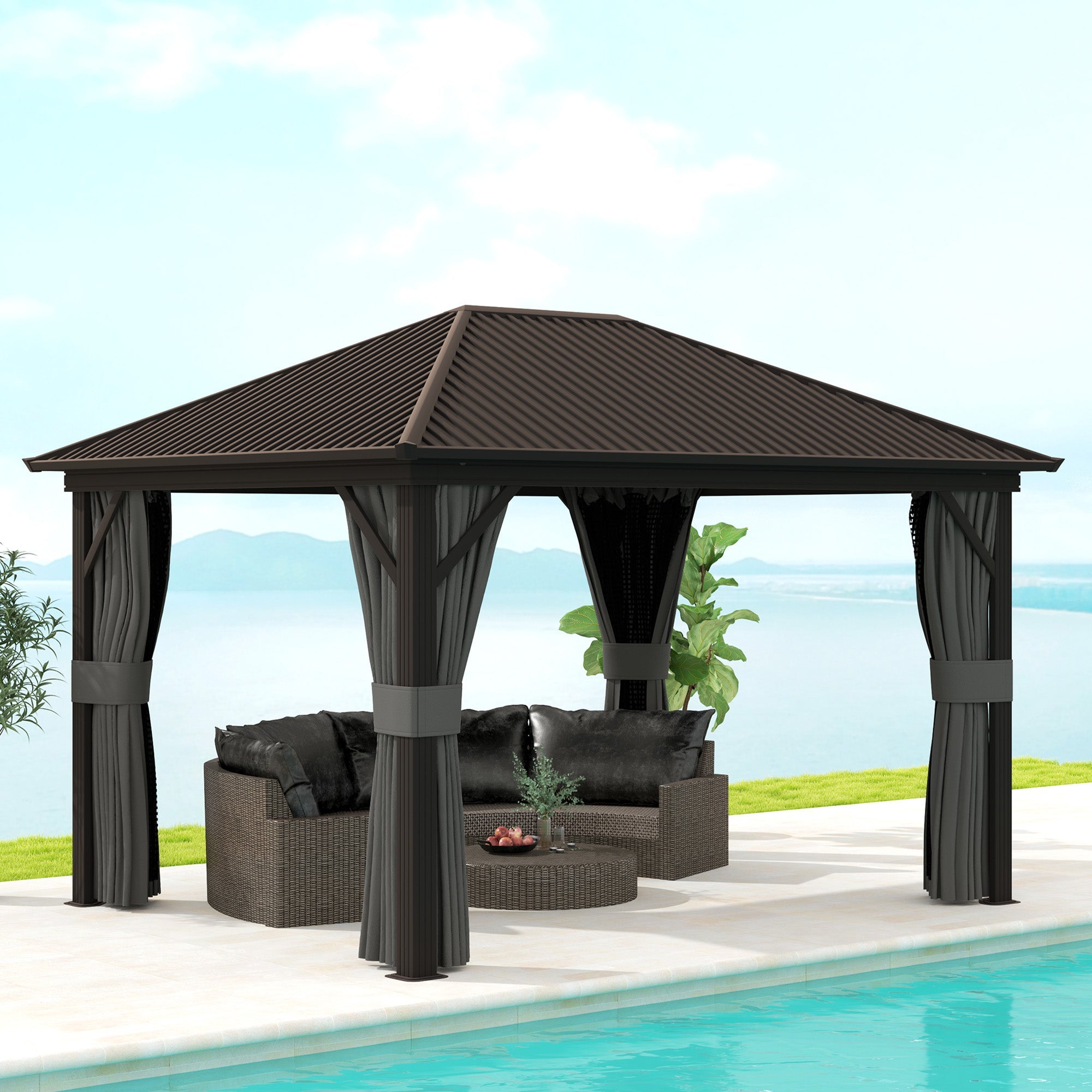 Outsunny 10' x 12' Outdoor Hardtop Gazebo Metal Roof Patio Gazebo with Aluminum Frame, Mesh Nettings, Dark Grey 