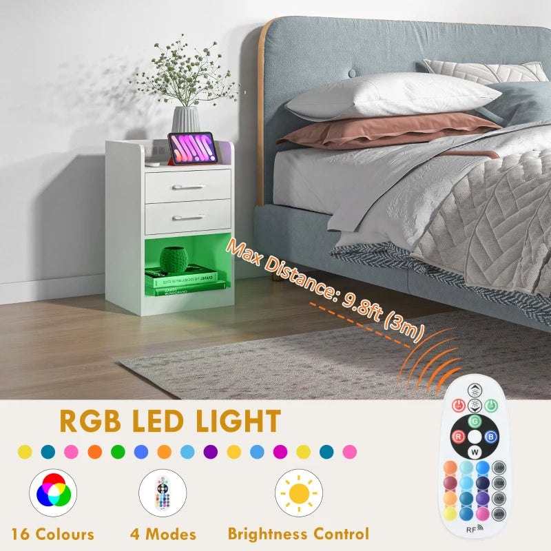 Tall Nightstand with Charging Station and LED Lights, Small Bedside Table with AC Outlets, USB Ports, 2 Drawers, Shelf