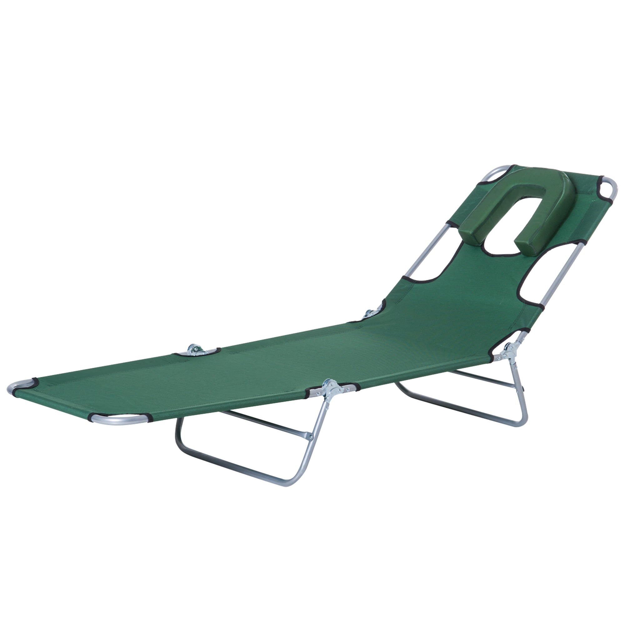 Outsunny Folding Adjustable Chaise Lounge w/ Face Cavity Outdoor Beach Camping Sun Lounger Bed Recliner (Green) 