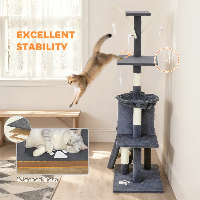53" Cat Tree Tower, Kitten Activity Centre with Scratching Posts, Condo, Perches, Ladder, Hammock, Dangling Toys, Dark Grey