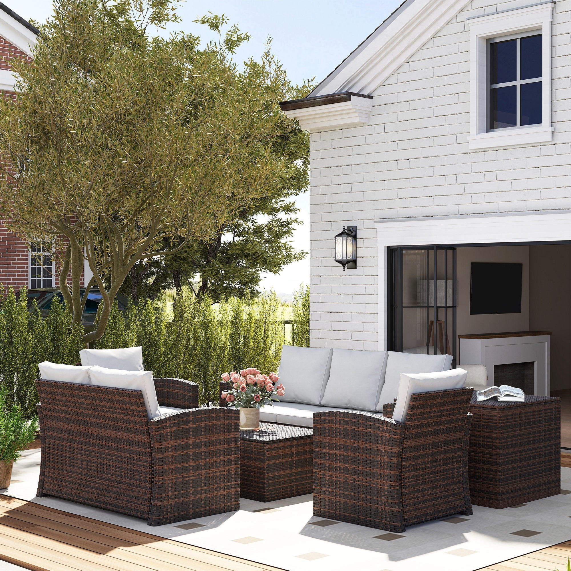 Outsunny 6 Piece Patio Furniture Set, Rattan Wicker Patio Sofa Set Sectional Outdoor Conversation Sofa Set Storage Table & Cushions, Cream White 