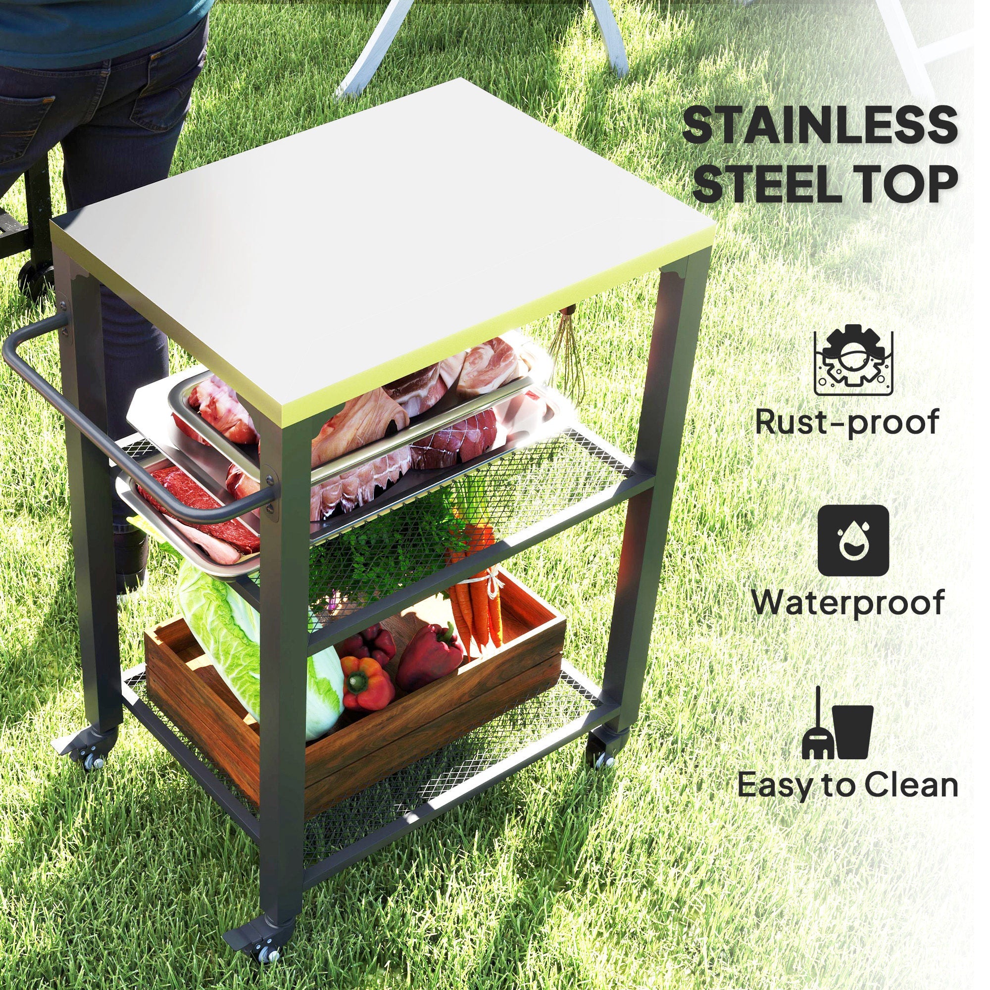 Outsunny 3-Shelf Outdoor Grill Cart Table with Stainless Steel Top, Hooks, Pizza Oven Stand on Wheels 
