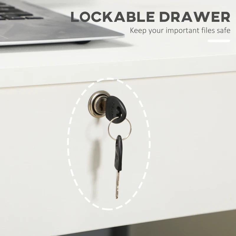 Home Office Desk with Storage, Computer Desk with Lockable Drawer and Open Compartment, White