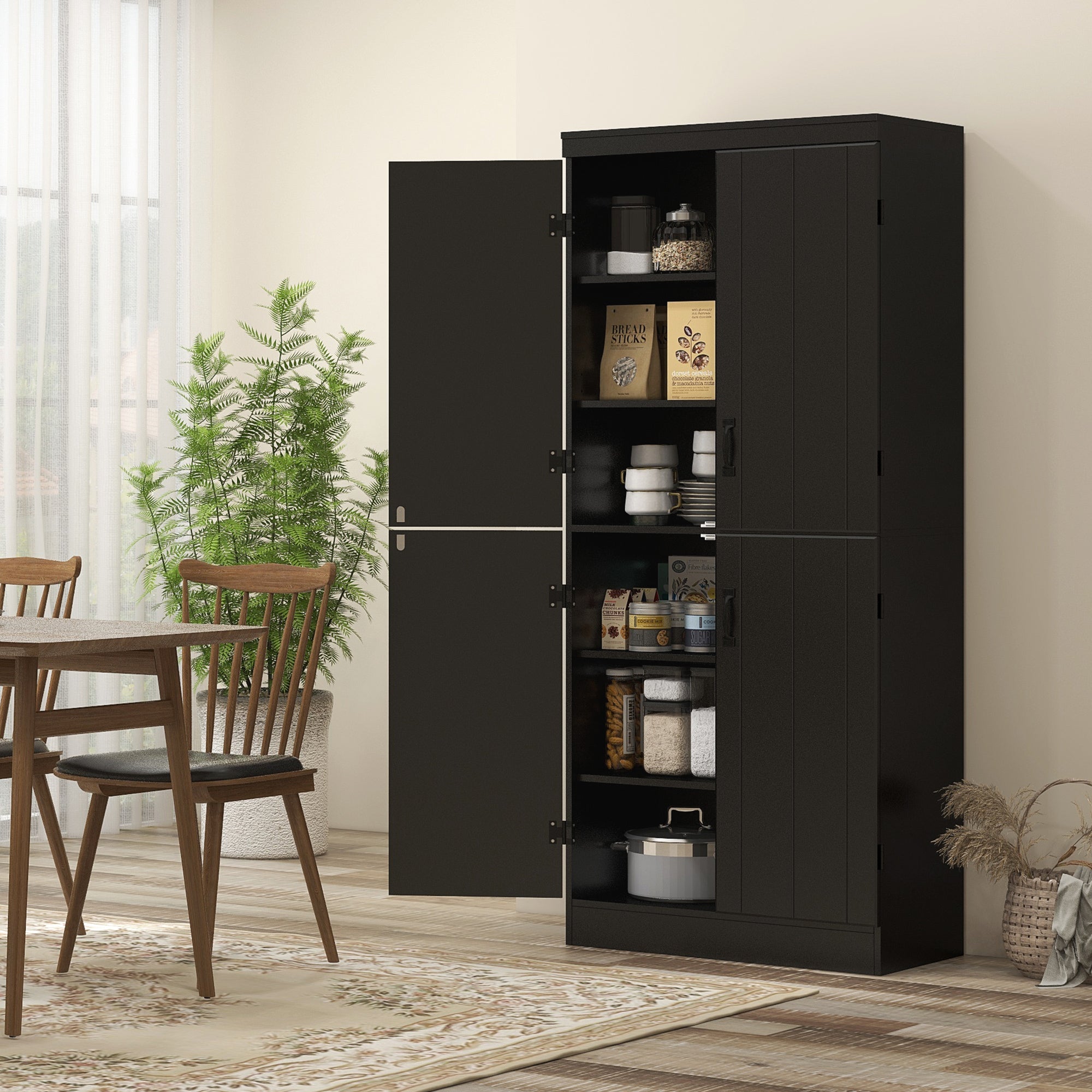HOMCOM 70" 4-Door Storage Cabinet, Freestanding Pantry Cabinet with Adjustable Shelves for Living Room, Black 