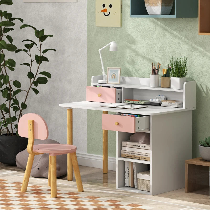 Qaba Kids Study Table and Chair Set, Kids Desk and Chair Set w/ Storage and Shelves, for 3-8 Year Old, Pink