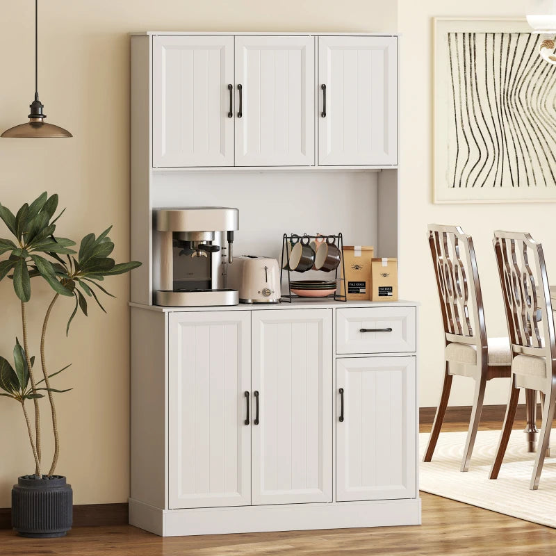 71" Pantry Cabinet with Charging Station, Kitchen Storage Cabinet with Microwave Stand, Adjustable Shelves, White