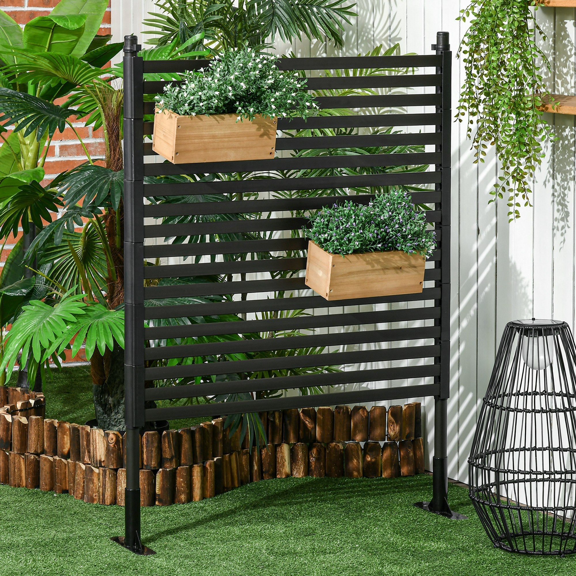 Outsunny Picket Metal Garden Fence for Hard & Soft Ground, 4 ft(H) Standing Outdoor Fencing with Feet, Animal Barrier Flower Bed Landscape Edging, Brown 